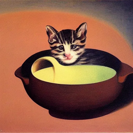 Image similar to rene magritte painting of a baby kitten inside of a bowl of soup