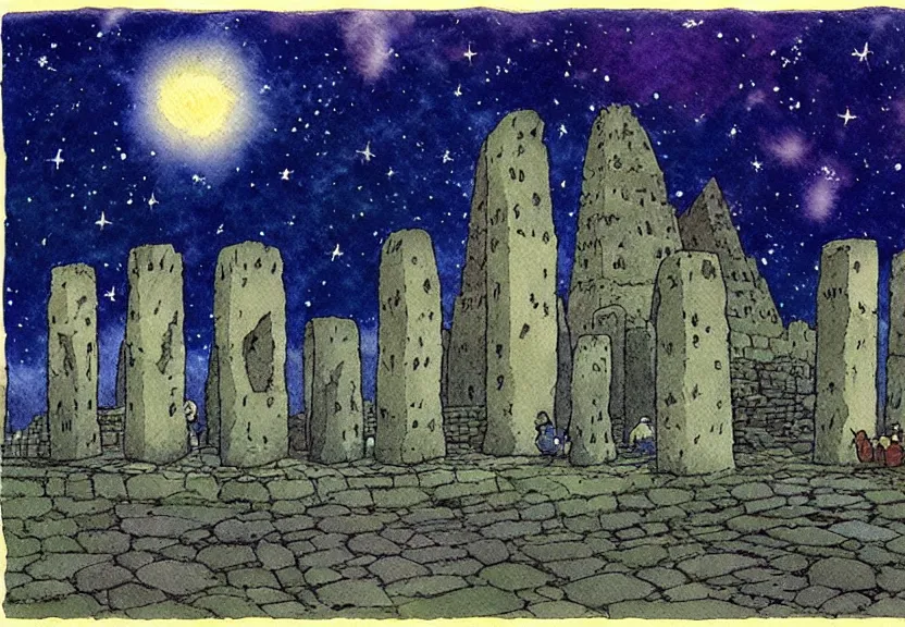 Image similar to a simple watercolor studio ghibli movie still fantasy concept art of a giant wizard standing in a tiny stonehenge in machu pichu. it is a misty starry night. by rebecca guay, michael kaluta, charles vess