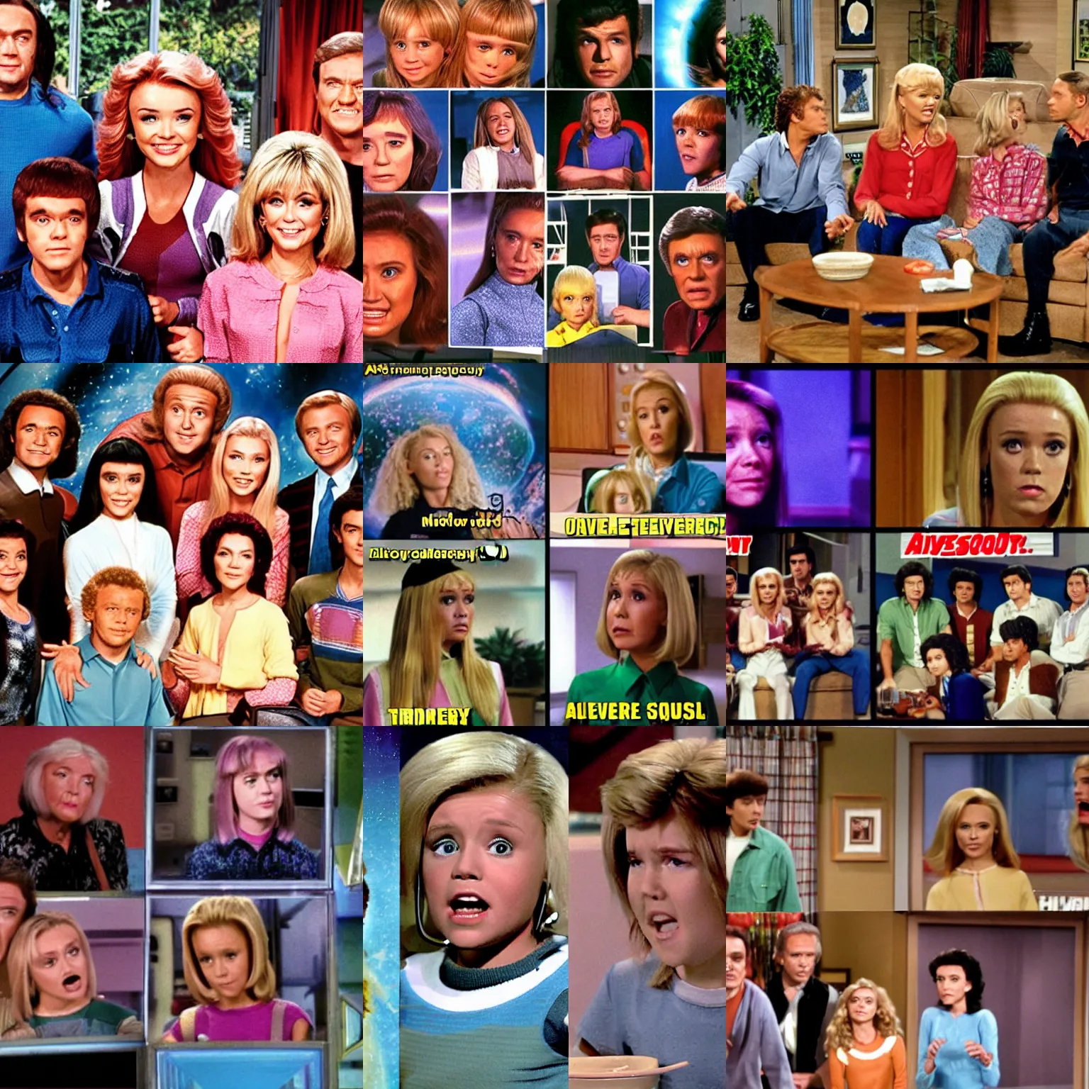 Prompt: <tv source='alien tv' caption=accurate hd>Brady Bunch squares but with insane multiverse aliens</tv>