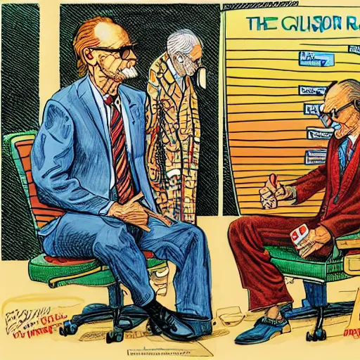 Prompt: The Artwork of R. Crumb and his Cheap Suit Larry King tells you to have more relations, pencil and colored marker artwork, trailer-trash lifestyle