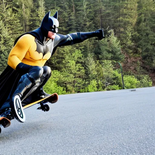 Image similar to batman riding downhill longboard, sliding, photo