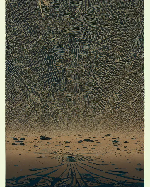 Image similar to bioremediation in the vast desert by woodblock print, nicolas delort, moebius, victo ngai, josan gonzalez, kilian eng