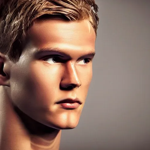 Image similar to a realistic detailed photo of a guy who is an attractive humanoid who is half robot and half humanoid, who is a male android, soccer player martin ødegaard, shiny skin, posing like a statue, blank stare, in the backyard, on display