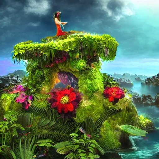 Image similar to Mother Nature with a crown made of flowers towering over a tropical island, Dramatic Lighting, Trending on Artstation HQ, 4K, UHD.