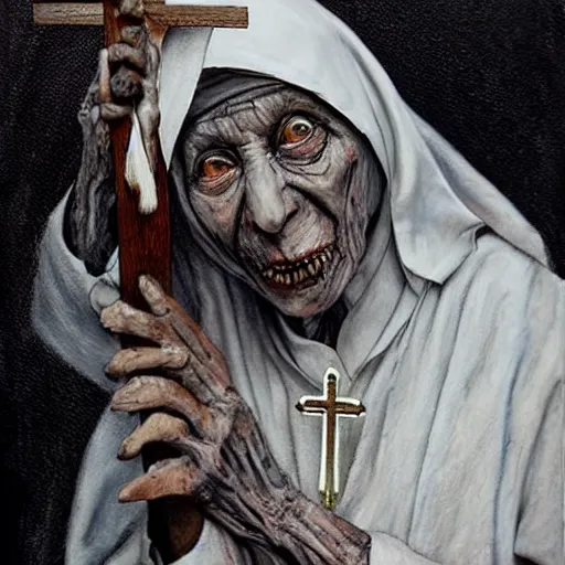 Image similar to a hyperrealistic painting of mother theresa as a zombie, holding a crucifix, by santiago caruso, highly detailed, sharp focus,