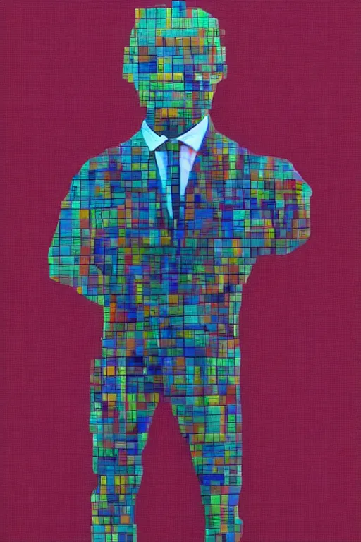 Image similar to man made of glitch art wearing a suit, game character, portrait, realism