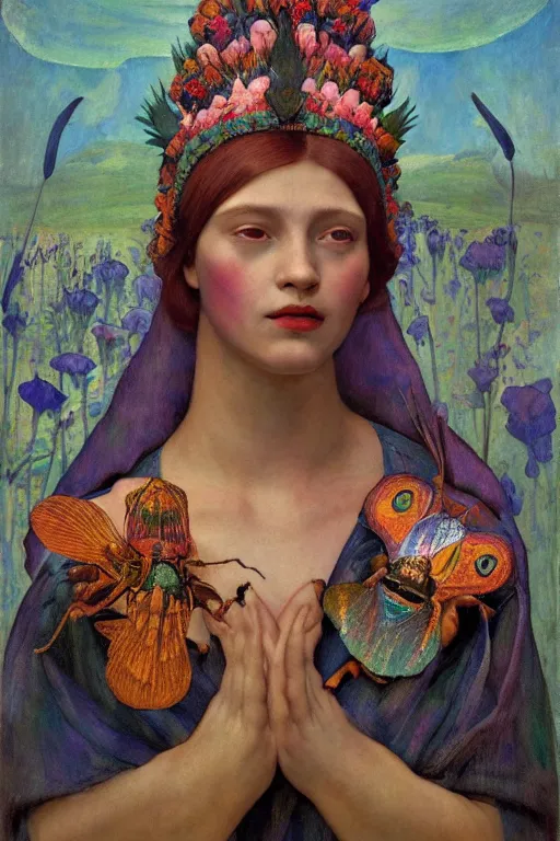 Prompt: queen of summer, by Annie Swynnerton, and Nicholas Roerich and Tino Rodriguez and Diego Rivera , elaborate headdress and embroidered velvet, iridescent beetles, rich color, dramatic cinematic lighting, extremely detailed, featured on artstation