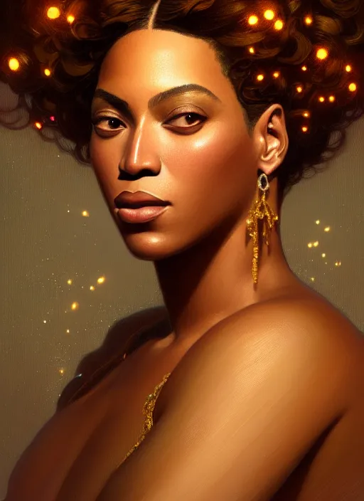 Image similar to portrait of beyonce, intricate, elegant, glowing lights, highly detailed, digital painting, artstation, glamor pose, concept art, smooth, sharp focus, illustration, art by wlop, alphonse mucha and greg rutkowski