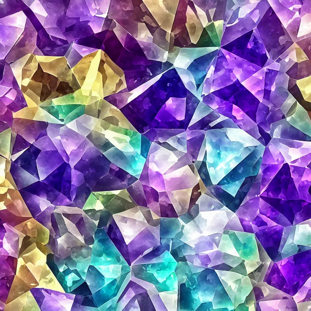 Image similar to amethyst geo gemstone prism multicolor gold liquid emeraud pearl quartz saphir grenat fluorite stylized digital illustration video game icon