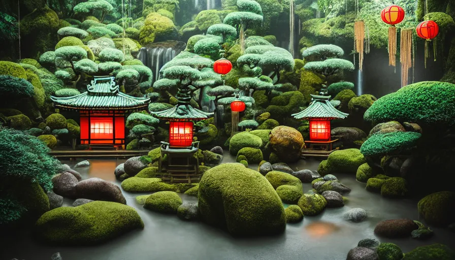 Prompt: a very cozy and surreal magical Japanese temple in a lush waterfall garden, in the style of Gucci and Wes Anderson, photographed by Petra Collins, glowing lights and floating lanterns, foggy atmosphere, rainy, moody, muted colors, magic details, very detailed, 8k, cinematic look