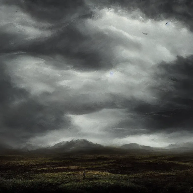 Prompt: A painting of landscape in stormy day, a mysterious thing is happening, octane render, 8K, gothic art, digital art, oil on canvas, trending on artstation, 30mm