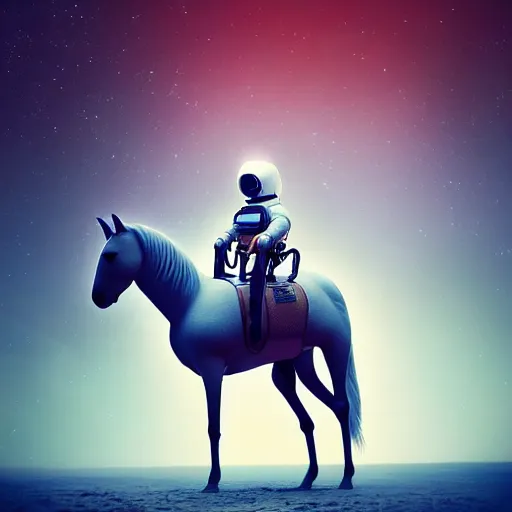 Image similar to photography of animal horse riding on top of an human man in astronaut costume. from western by hiroyuki okiura and katsuhiro otomo and alejandro hodorovski style with many details by mike winkelmann and vincent di fate in sci - fi style. volumetric natural light photo on dsmc 3 system,