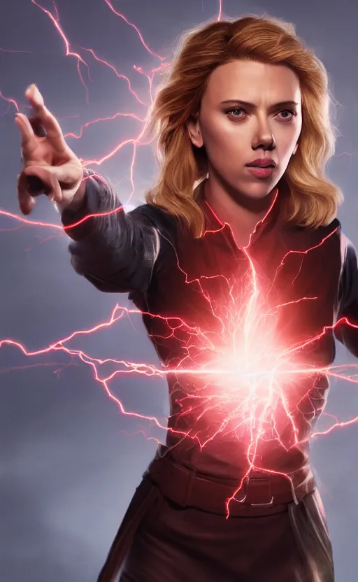 Image similar to Scarlett Johansson casting an electricity spell. Digital art trending on artstation. 4k. Tyndall effect.