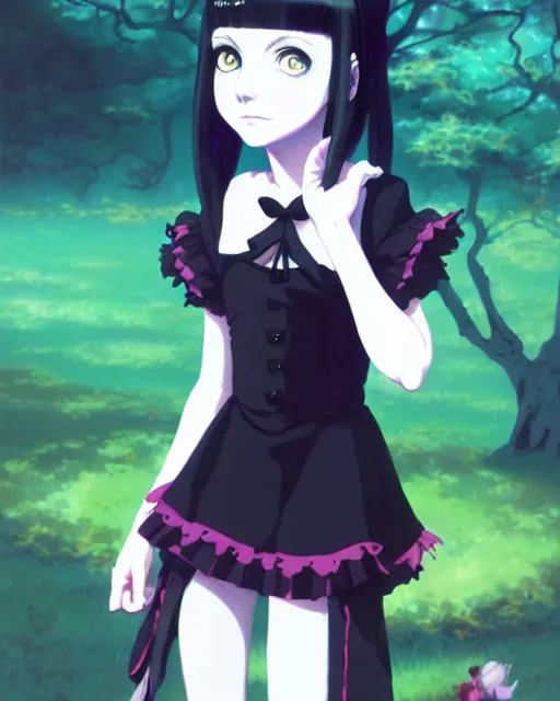 Image similar to portrait of cute goth alice from wonderland, anime key visual, by ilya kuvshinov and wlop and makoto shinkai and studio ghibli