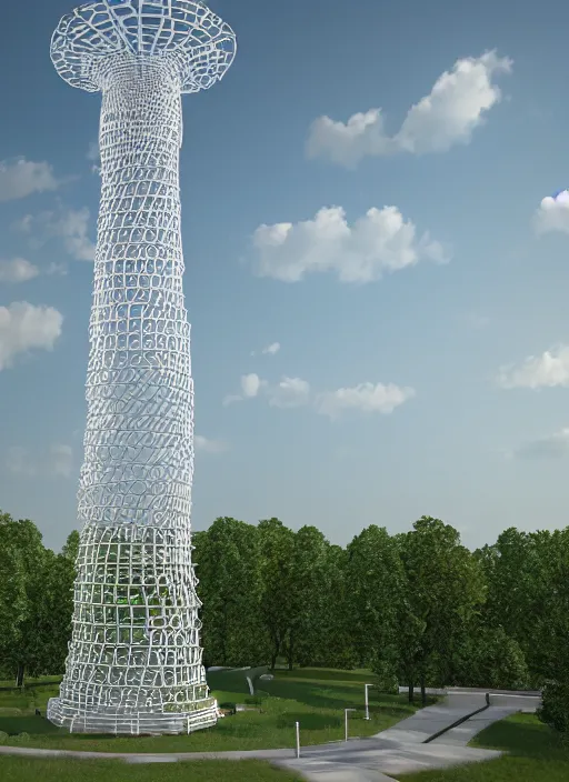 Image similar to highly detailed realistic architecture 3 d render of a spiral stele shukhov tower standing in a city park, archdaily, made in unreal engine 4 octane render