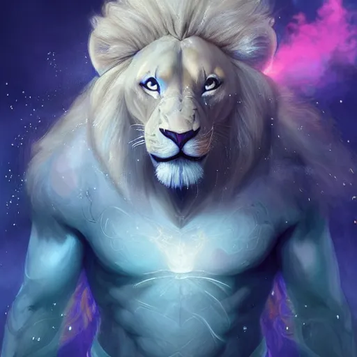 Image similar to aesthetic portrait commission of a albino muscular and attractive anthro lion with mane turning into cosmic smoke while wearing an attractive pastel greek jeweled outfit floating inside a floating greek palace in the clouds, minimalistic art, hyperdetailed. Character design by charlie bowater, ross tran, artgerm, and makoto shinkai, detailed, inked, western comic book art, 2021 award winning painting