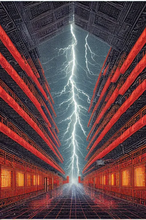 Prompt: artwork of a chinese prison by dan mumford and toshi yoshida and peter doig, symmetrical, vintage scifi, highly detailed, dramatic lightning,, 8 k