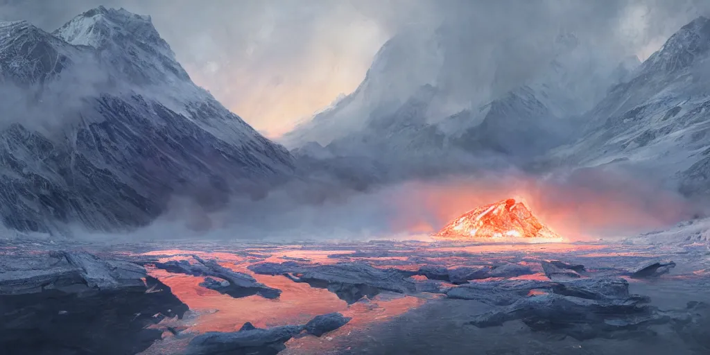 Image similar to alaskan glacier on fire, dim volumetric lighting, 8 k octane beautifully detailed render, post - processing, extremely hyper - detailed, intricate, epic composition, cinematic lighting, masterpiece, trending on artstation, detailed detailed detailed, masterpiece, stunning art by anders zorn, wonderful masterpiece by greg rutkowski, beautiful cinematic light