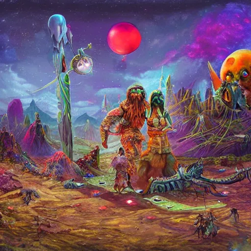 Image similar to extraterrestrial wedding in village on ancient post - apocalyptic planet, jim henson creature shop, vivid and colorful, cinematic, oil painting, highly detailed, illustration