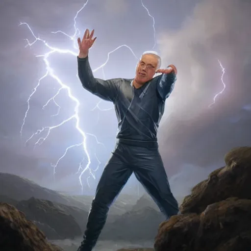 Image similar to benjamin netanyahu shooting lightning bolts with his hands like zeus, highly detailed, by artgerm and greg rutkowski