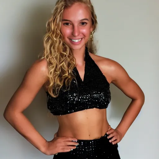 Image similar to studio photo of a young beautiful female supermodel, black wrapped halter crop top, sequin shorts, green eyes, wavy blonde hair, slight flirtatious smile