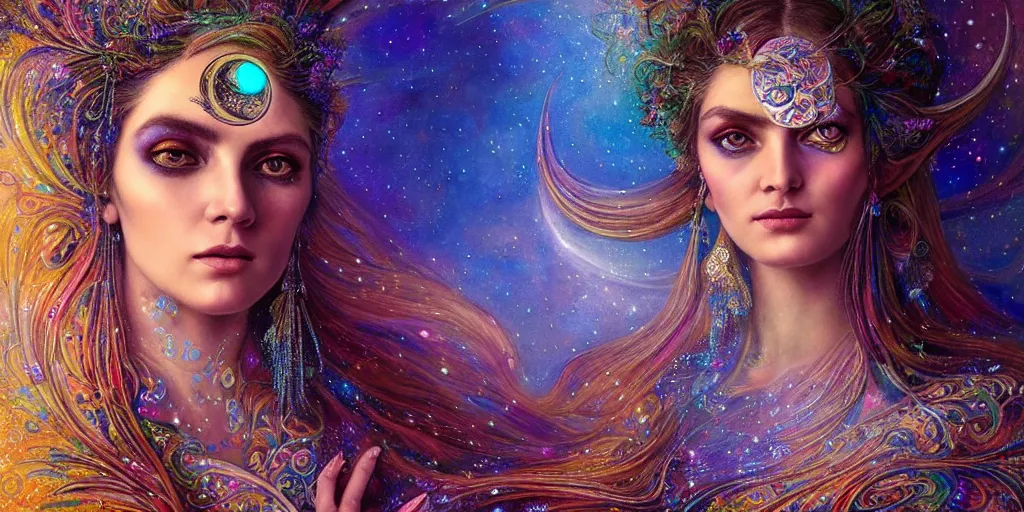 Prompt: full view portrait of an ethereal gypsy woman with detailed eyes, glowing face, floating in space with a half moon, photorealistic, colorful dress, in the style of karol bak and gaston bussiere, holographic undertones, art nouveau galaxy background, intricate, flowing dress, smooth, sharp focus, dramatic lighting, illustration, hdr, artgerm