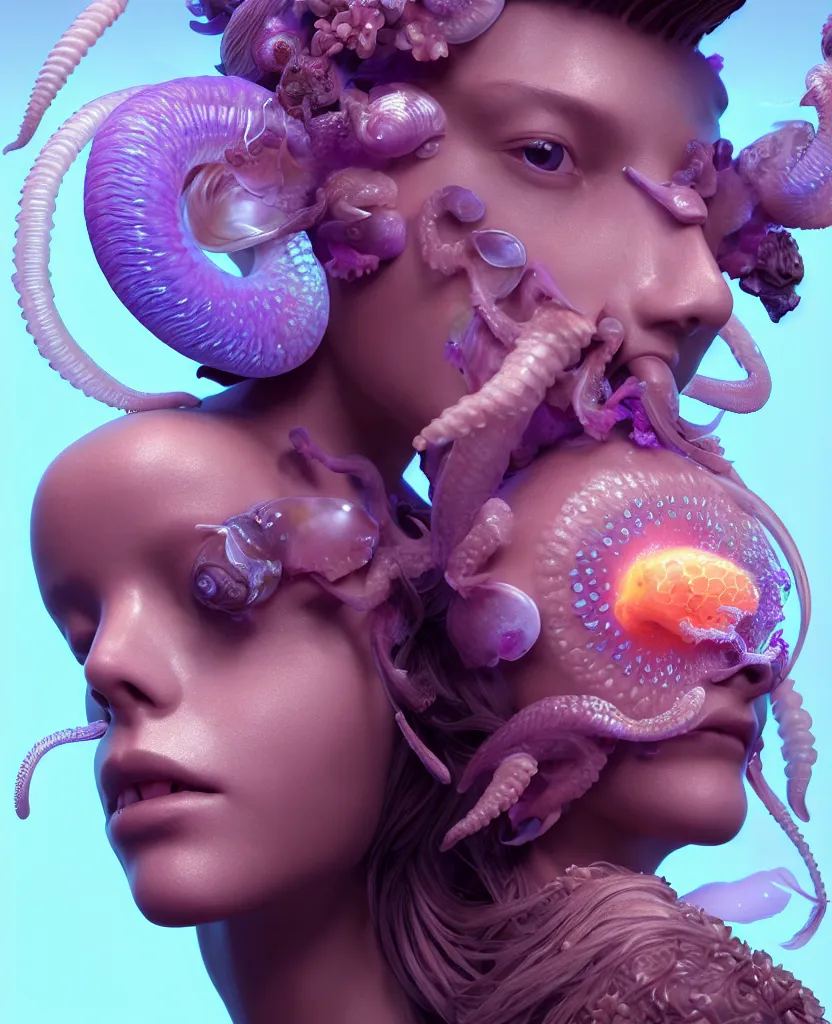 Image similar to goddess princess beautiful face close-up portrait ram skull zbrush sculpt. jellyfish phoenix head, nautilus, orchid, skull, betta fish, bioluminiscent creatures, intricate artwork by Tooth Wu and wlop and beeple. octane render, trending on artstation, greg rutkowski very coherent symmetrical artwork. cinematic, hyper realism, high detail, octane render, 8k