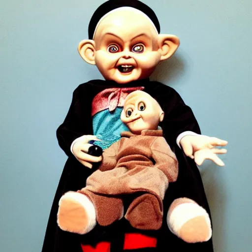 Image similar to a nun in church holding chucky the demonic evil killer doll on her lap