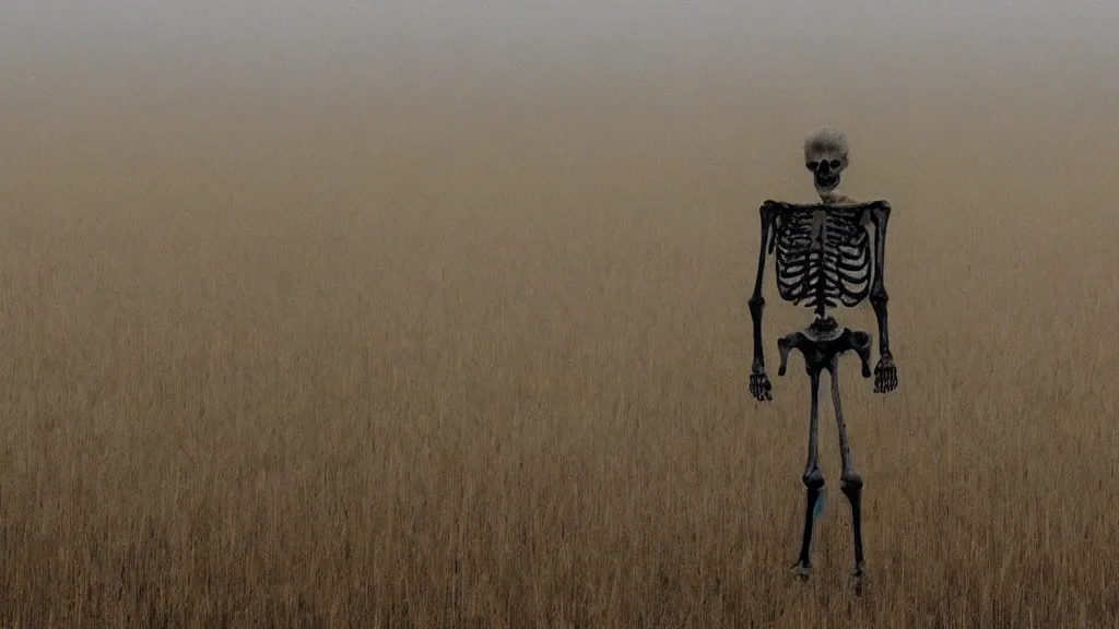 Prompt: a skeleton standing in a stomry, foggy wheat field, in the style of andrew wyeth, fine details