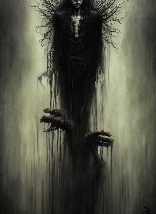 Image similar to portrait of a ancient immortal vampire elegant man with long tangles of black hair, beautiful piercing eyes, gothic fog ambience, hyper realistic head, fantasy art, in the style of greg rutkowski, zdizslaw beksinski, intricate, alphonse mucha, hyper detailed, smooth