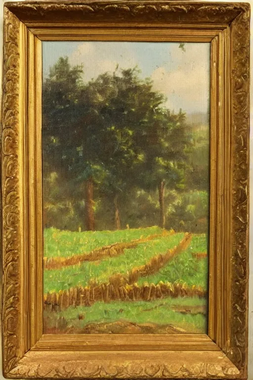 Prompt: vintage oil painting of a farm landscape
