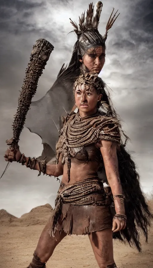 Image similar to sweated ancient princess tribewoman ready to fight, partially destroyed armor inspired monster hunter, low shot camera, muscular, symmetrical face, clean face, subtle make up, debris and arrows flies around her, frozen time effect,dramatic lighting, cinematic, establishing shot, extremely high detail, photorealistic, 300 the movie,monster hunter the movie, dune the movie, cinematic lighting, artstation, octane render, western,old photo, vintage