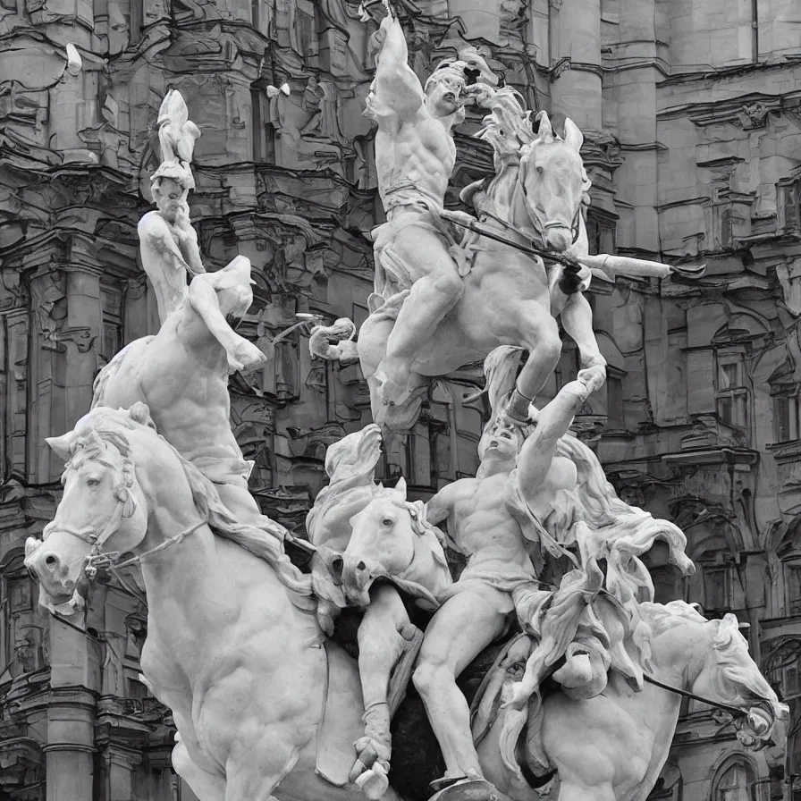 Prompt: “marble statue zelensky triumphant on horse sword in Moscow”