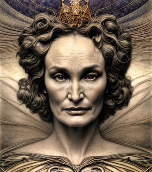 Image similar to detailed realistic beautiful jessica lange as queen of jupiter face portrait by jean delville, gustave dore and marco mazzoni, art nouveau, symbolist, visionary, gothic, pre - raphaelite. horizontal symmetry by zdzisław beksinski, iris van herpen, raymond swanland and alphonse mucha. highly detailed, hyper - real, beautiful