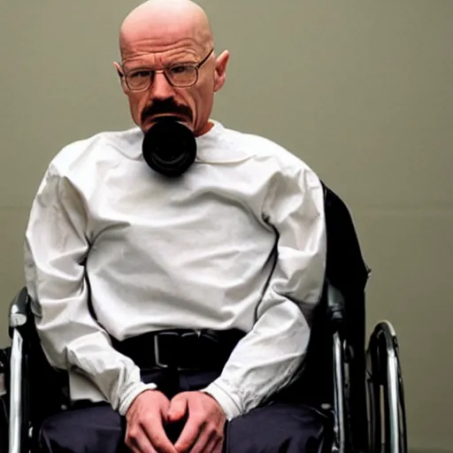 Image similar to walter white with no beard, wearing a clear plastic oxygen mask, sitting in a wheelchair in a courtroom.
