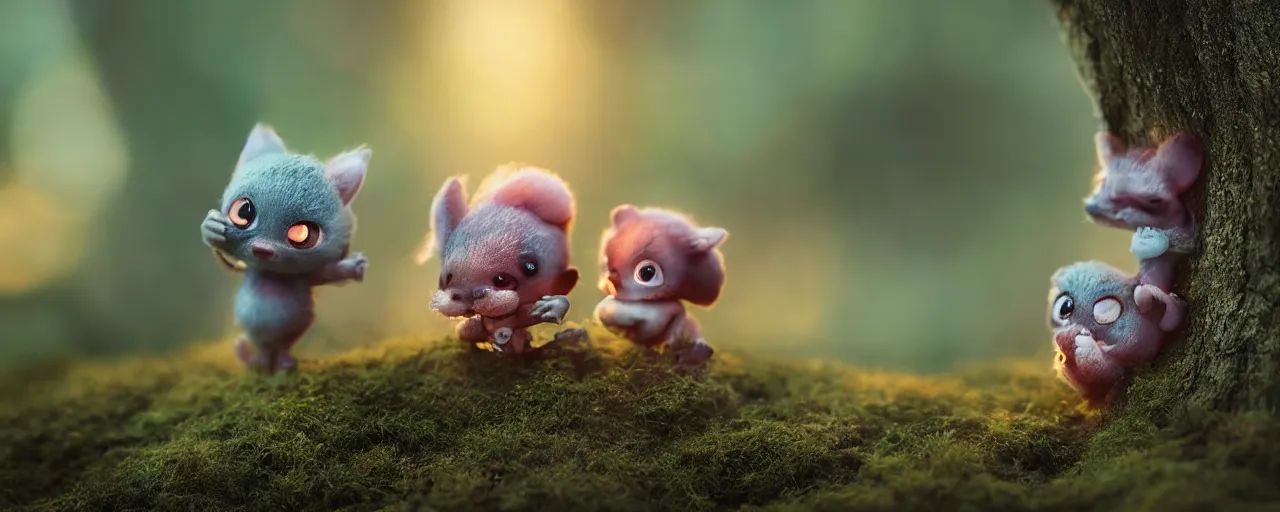 Image similar to tiny cute forest creatures seeking shelter by bobby chiu, at sunset, macro photography, goro fujita, cute, adorable, cinematic