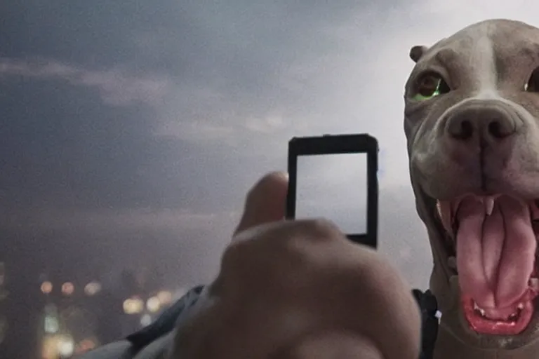 Prompt: cyborg - pitbull taking a selfie, in hell, in 2 0 5 5, y 2 k cybercore, industrial low - light photography, still from a kiyoshi kurosawa movie