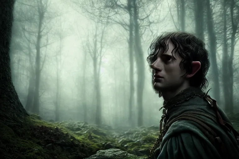 Prompt: an ultra realistic, cinematic, fantasy, portrait, of a sad man / ork, lord of the rings, soft light, facial features, stood in a forest, with victorian clothing, detailed, deep focus, movie still, dramatic lighting, ray tracing, by michal karcz and yoshitaka amano