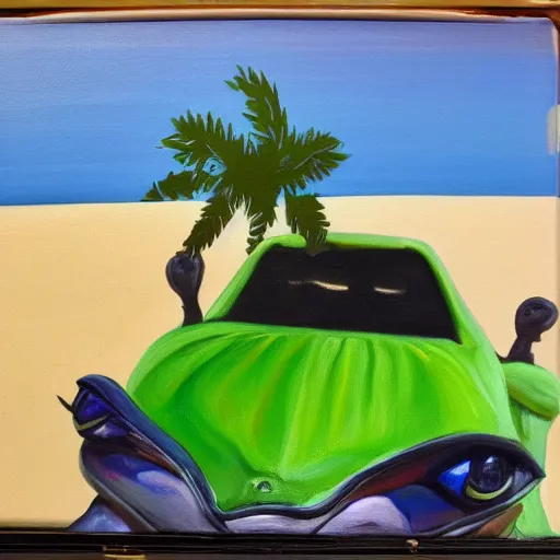 Image similar to photo of a frog in a tuxedo driving car, oil painting, portrait, palm trees