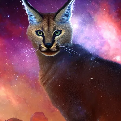 Prompt: a cute caracal, wearing a coat made of stars and nebulae, dramatic, volumetric lighting, planets in the background, smooth, sharp focus, very detailed, by greg rutkowski, artstation, tom badshaw, 8 k, symmetrical face