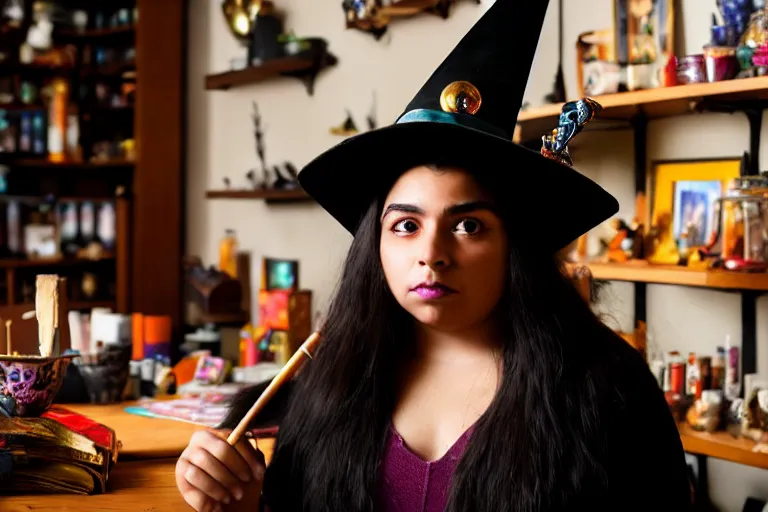 Prompt: 2 0 2 2 photo, close up portrait, dramatic lighting, concentration, calm confident hispanic teen witch and her cat, tarot cards displayed on the table in front of her, sage smoke, magic wand, a witch hat and cape, apothecary shelves in the background, alphonse mucha