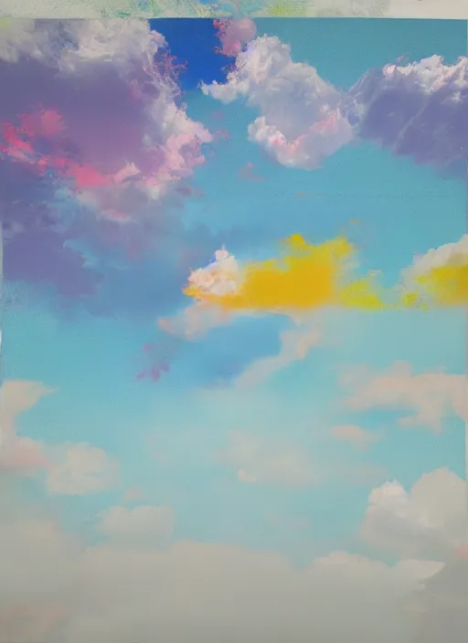 Prompt: Pastel Clouds by Damien Hirst, paint knife strokes, collage art, vibrant, minimal, photo realistic, 8k