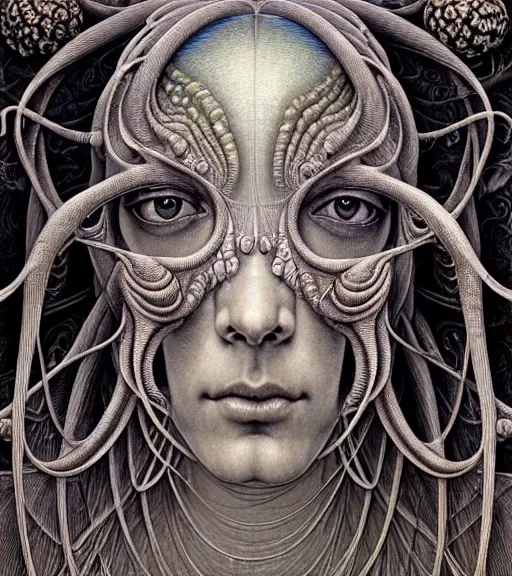 Image similar to detailed realistic beautiful cicada goddess face portrait by jean delville, gustave dore, iris van herpen and marco mazzoni, art forms of nature by ernst haeckel, art nouveau, symbolist, visionary, gothic, neo - gothic, pre - raphaelite, fractal lace, intricate alien botanicals, ai biodiversity, surreality, hyperdetailed ultrasharp octane render