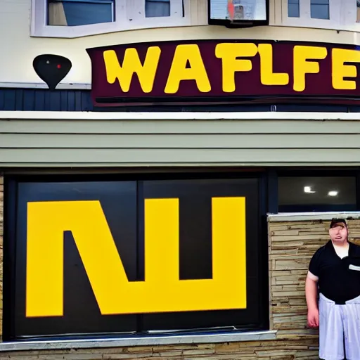 Image similar to wafflehouse employee's standing below wafflehouse sign