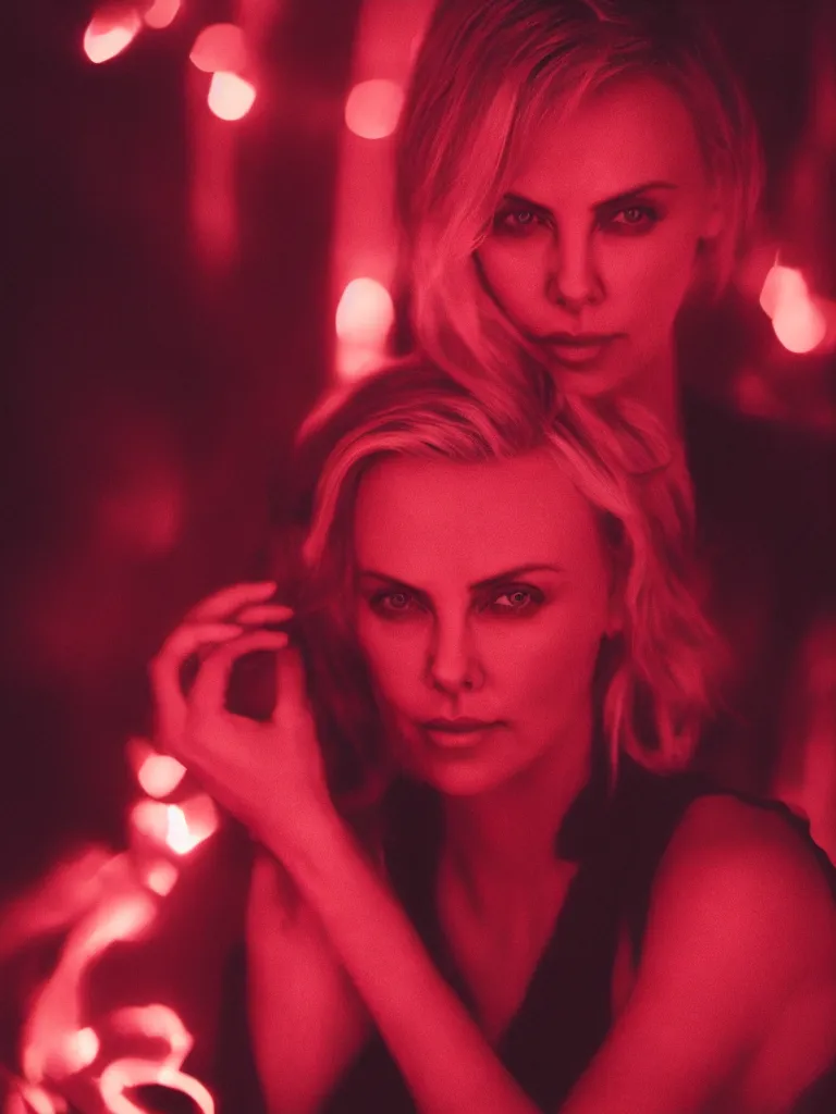 Prompt: photograph of Charlize Theron illuminated by red light , night , 85 mm f1.4