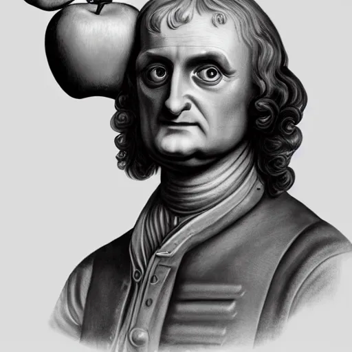 Prompt: An extremely detailed portrait of Isaac Newton in power armor holding an apple, 4k, mirror lake, highly detailed, trending on artstation