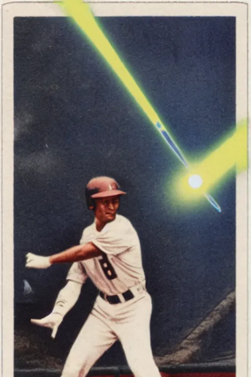 Image similar to baseball card of a player firing a laser blast out of a sci - fi rifle