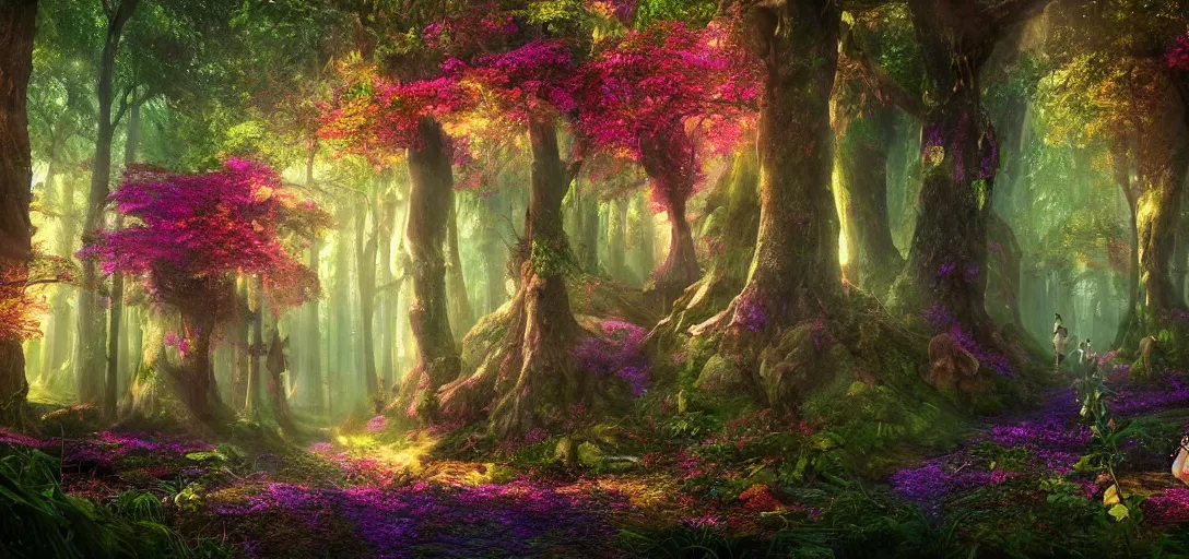 Prompt: fantasy mystical fairy tale forest vibrant colours, 8k photorealistic, black background, HD, high details, trending on artstation