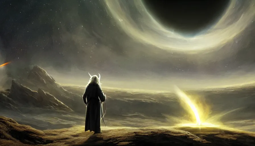 Prompt: a beautiful painting of gandalf watching a giant star going supernova in the sky of an alien world, ray traced lighting by jean kalin popov and greg rutkowski