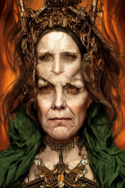 Prompt: portrait, headshot, digital painting, of a 17th century, beautiful, middle aged wrinkles, wicked, cyborg merchant woman, dark hair, amber jewels, baroque, ornate dark green clothing, scifi, futuristic, realistic, hyperdetailed, concept art, art by waterhouse